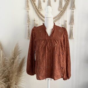 MOTF terracotta eyelet cropped swing top boho blouse crochet fringe smal…